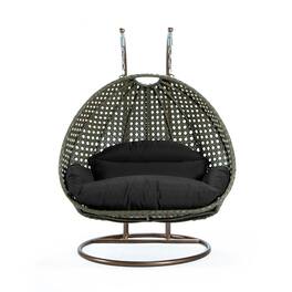 LeisureMod - 2-Person Wicker Egg Swing Chair with Stand & Washable Cushions - Indoor/Outdoor Double Hanging Patio Chair - Black