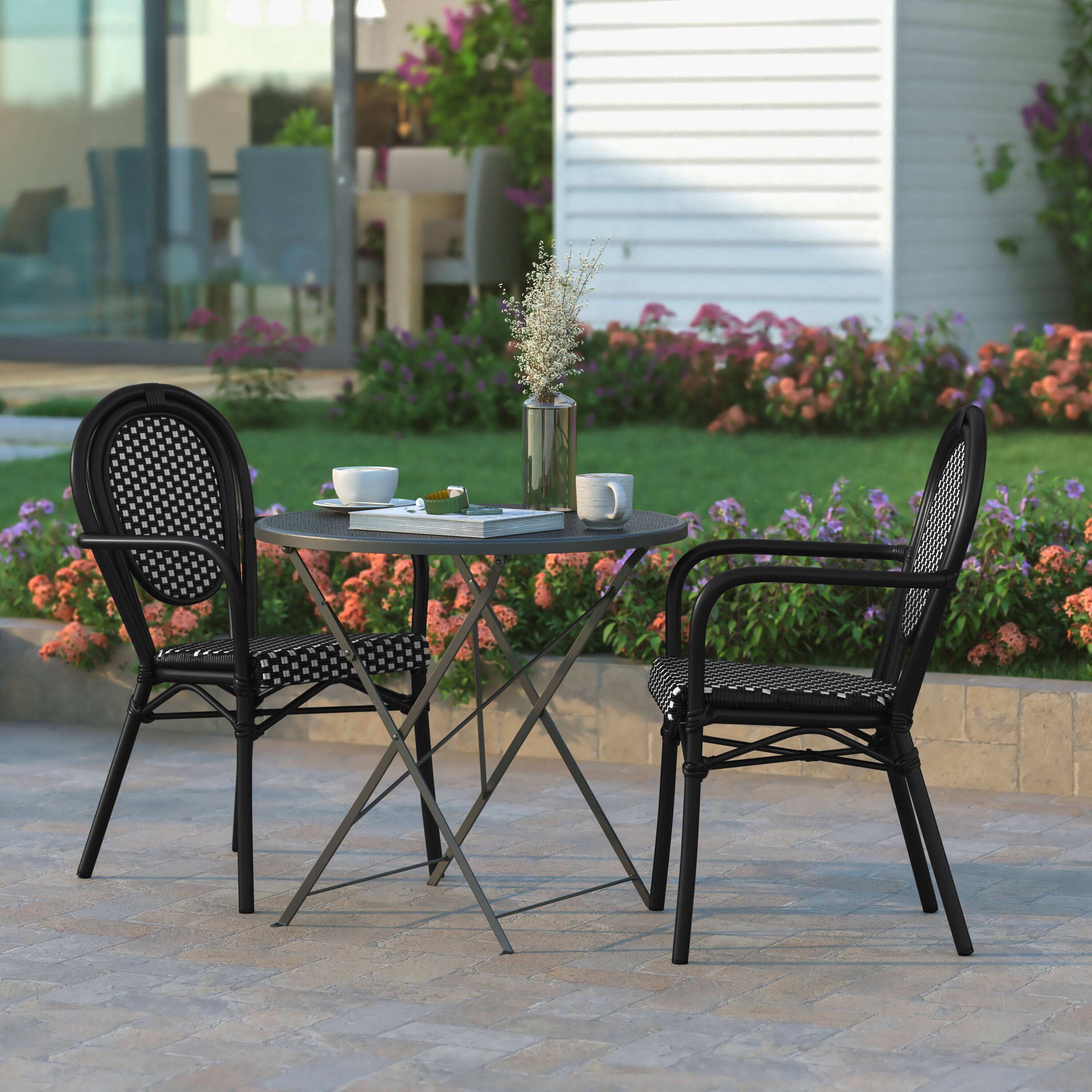 Alt View 4. Emma + Oliver - Colmar Set of Two Indoor/Outdoor Stacking Thonet Bistro Style Chairs with PE Rattan Seat and Finished Metal Frame - Natural & White/Light Natural Frame.