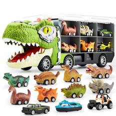 Front. Joyfy - 13-in-1 Dinosaur Carrier Truck Toy with Pull Back Cars for Boys Ages 3-5, Dinosaur Toys, Birthday Gift for Toddler.