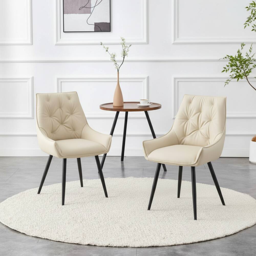 Front. Loheer - Loheer Faux Leather Dining Chairs Set of 2 Off White Modern Upholstered Kitchen Chairs with Black Iron Legs - Off White.