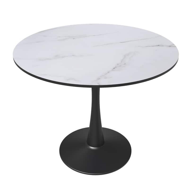 LeisureMod - Bristol 35 in. Round MDF Wood Dining Table in Stainless Steel Pedestal Base Modern Kitchen Table - Black/Marbled White