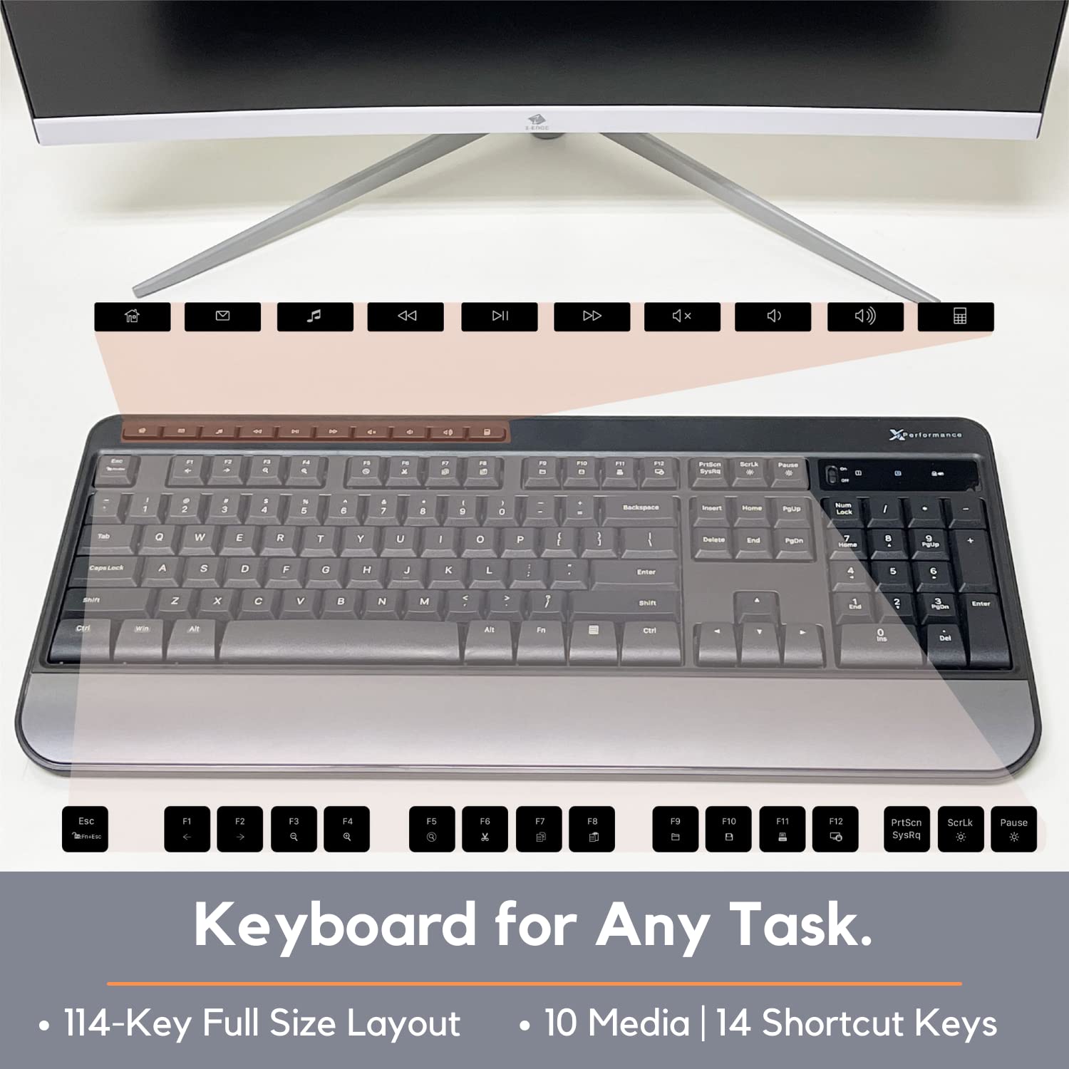 Keyboard for Any Task.

114-Key Full Size Layout

10 Media | 14 Shortcut Keys