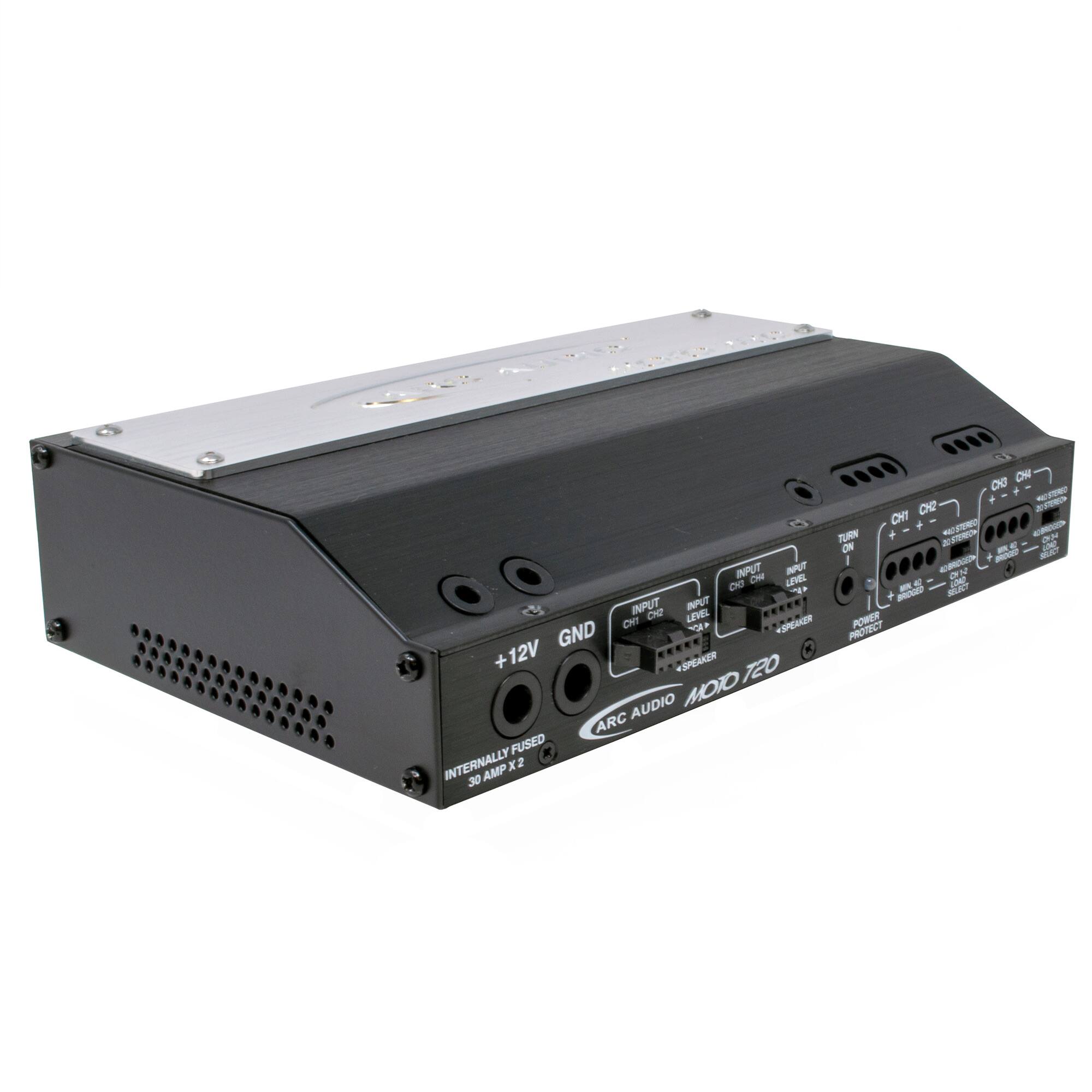 INPUT NUT CN uPe DO  
INPUT INPUT CE L CH  
-R GND + +12V SPEAKER TEO AUDIO MOTO ARC FUSED INTERNALLY x 2 30 AMP ON 0O .  
S CH  CH + TURN  C ON TR - EN - MLK I C - ON  2 - - JAM + -OU MUK POWER PROTECT