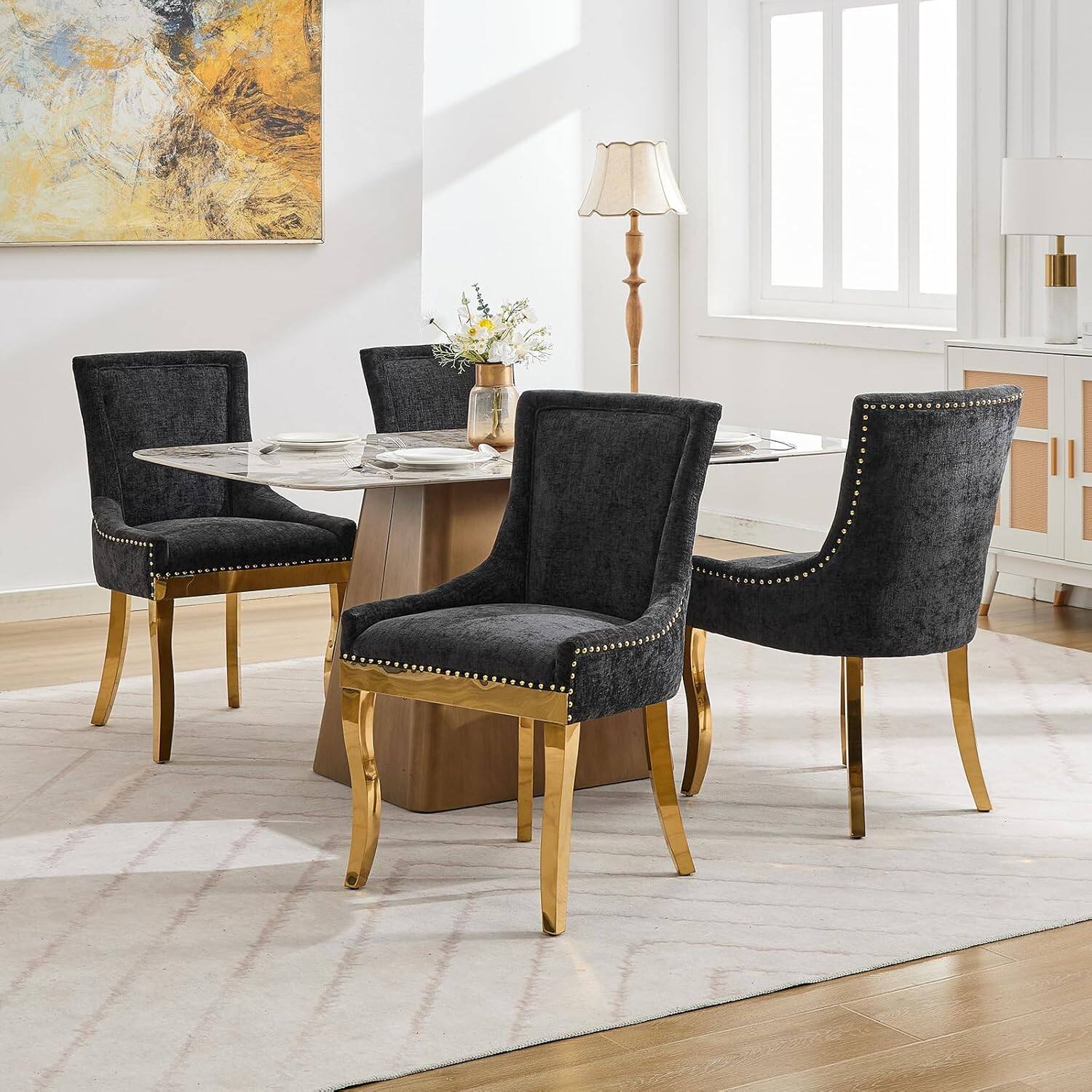 Alt View 3. Trinkets Crazed - Chenille Fabric Upholstered Side Chairs Set of 2, Solid Wood Kitchen Dining Room Chairs with Nailheads Solid Wood Legs - black+gold.