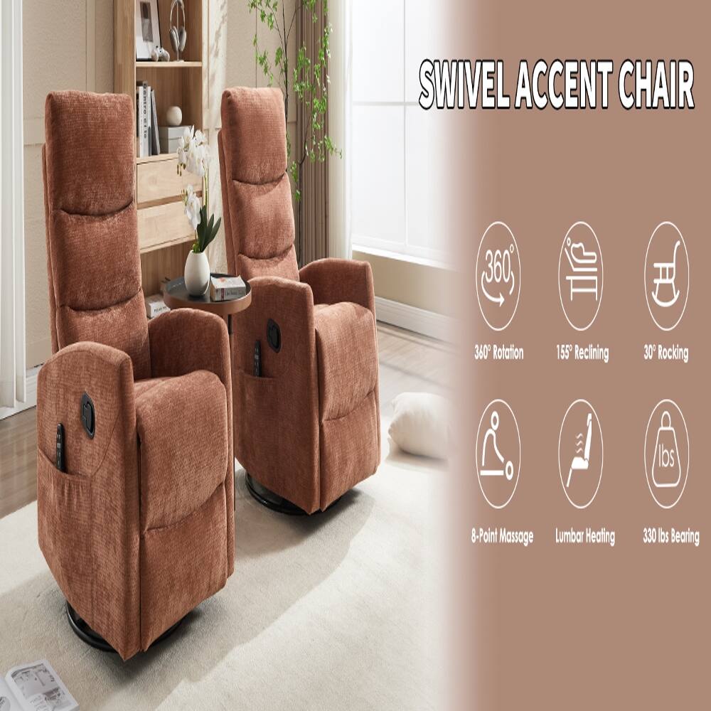 SWIVEL ACCENT CHAIR

- 360° Rotation
- 155° Reclining
- 30° Rocking
- 8-Point Massage
- Lumbar Heating
- 330 lbs Bearing
