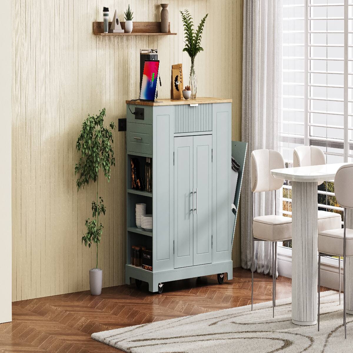 Angle. Loheer - Loheer Kitchen Island with Trash Can Storage, Rubber Wood Top, Grey Blue - Grey Blue.