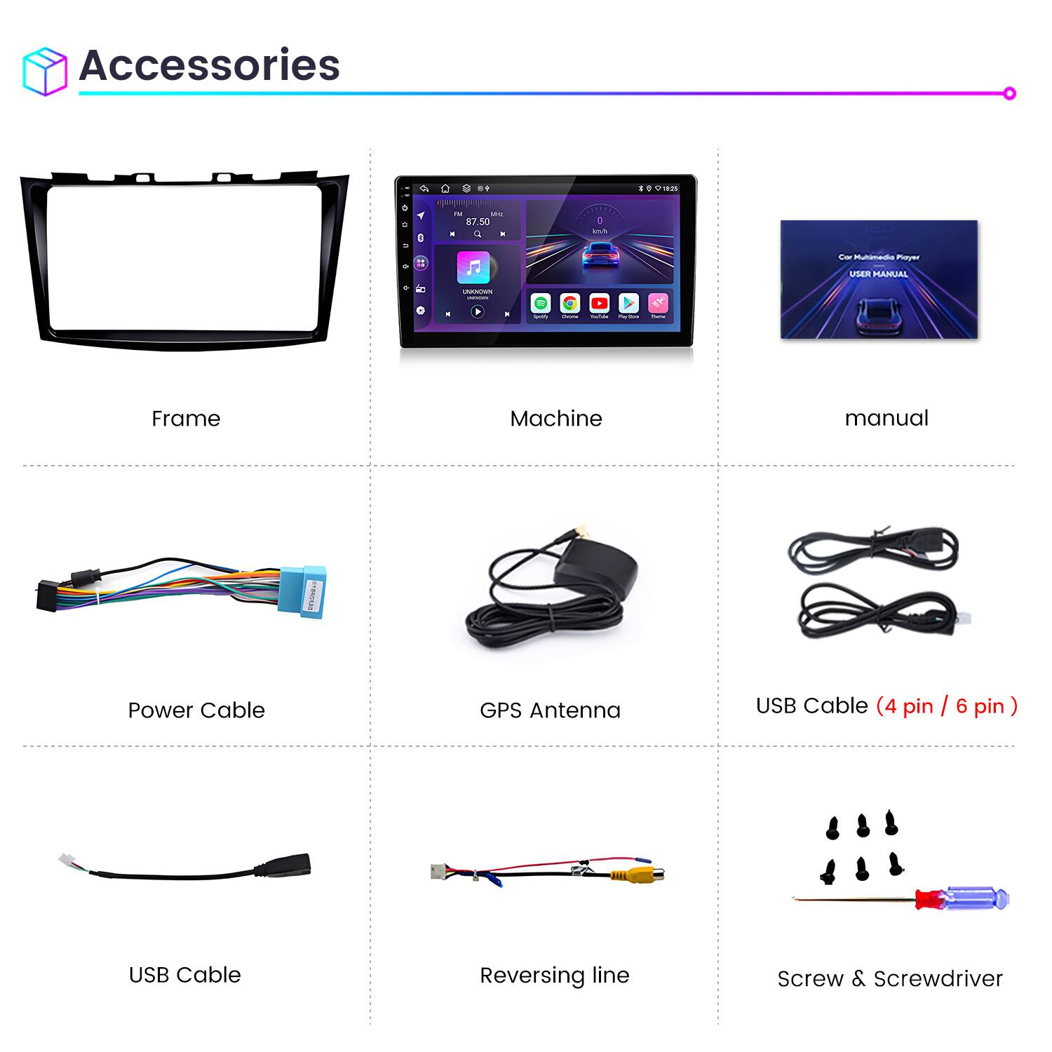 Accessories

- Frame
- Machine
- Manual
- Power Cable
- GPS Antenna
- USB Cable (4 pin / 6 pin)
- USB Cable
- Reversing line
- Screw & Screwdriver