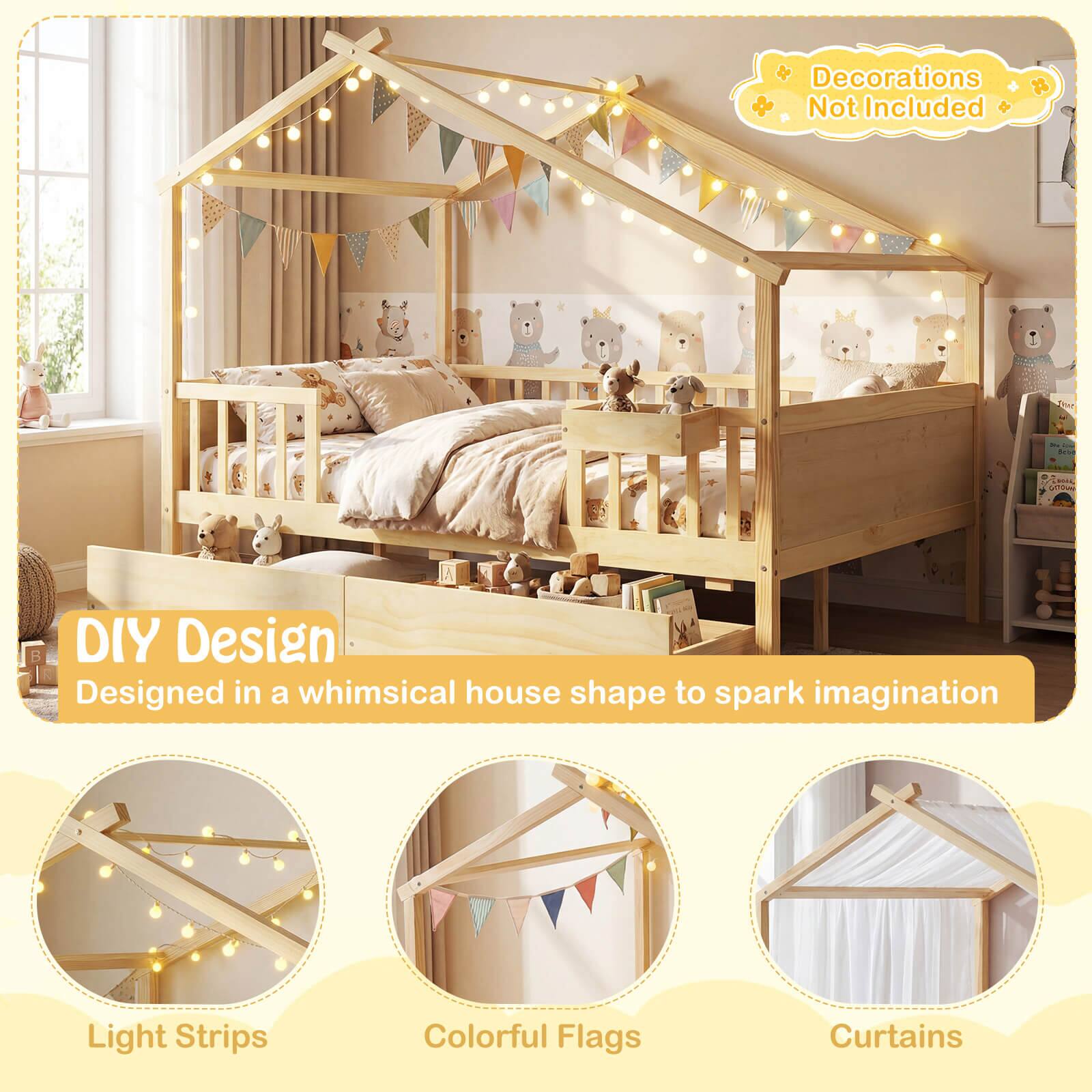 Decorations Not Included

DIY Design  
Designed in a whimsical house shape to spark imagination

- Light Strips
- Colorful Flags
- Curtains