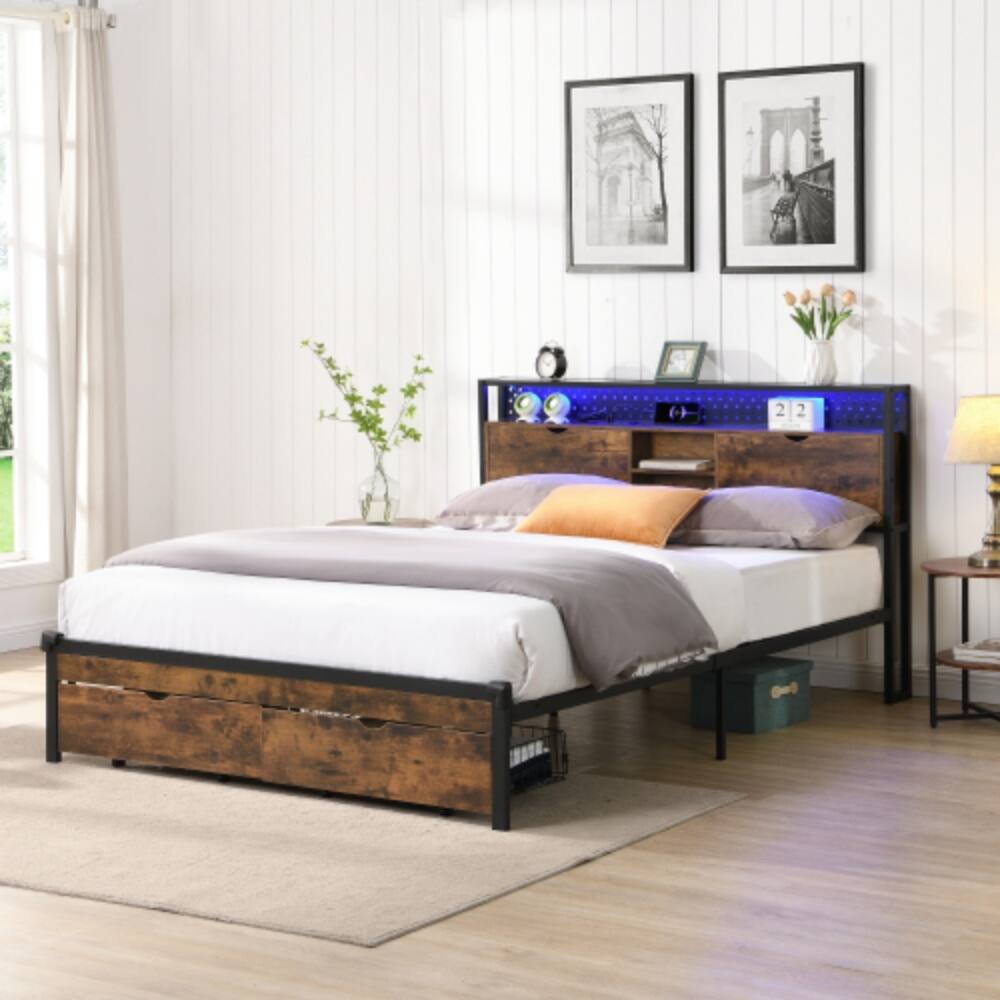 Angle. LUCKY ONE - King Size Metal Platform Bed Frame with Wooden Headboard and Footboard, USB Charging, LED Lights, 2 Drawers - Black Brown.