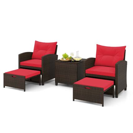 Front. Costway - Costway 5 PCS Patio Rattan Furniture with 2 Wicker Ottomans & Tempered Glass Coffee Table - Mix Brown + Red.