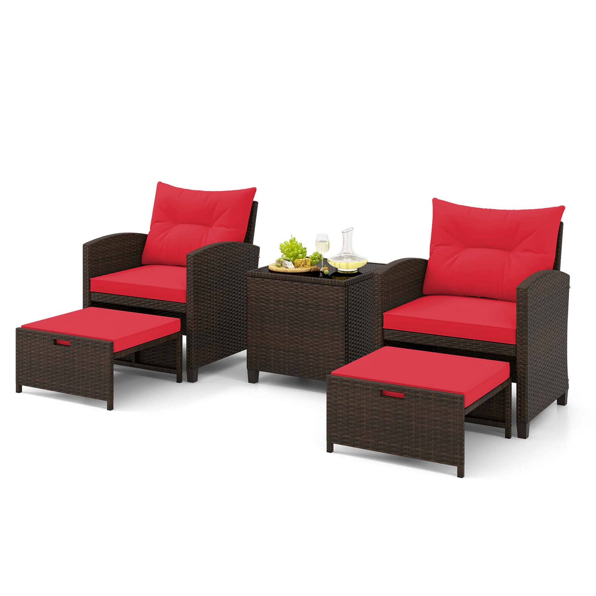 Alt View 3. Gymax - Gymax Set of 5 Rattan Furniture w/ 2 Wicker Ottomans & Tempered Glass Coffee Table Patio Red - Red.