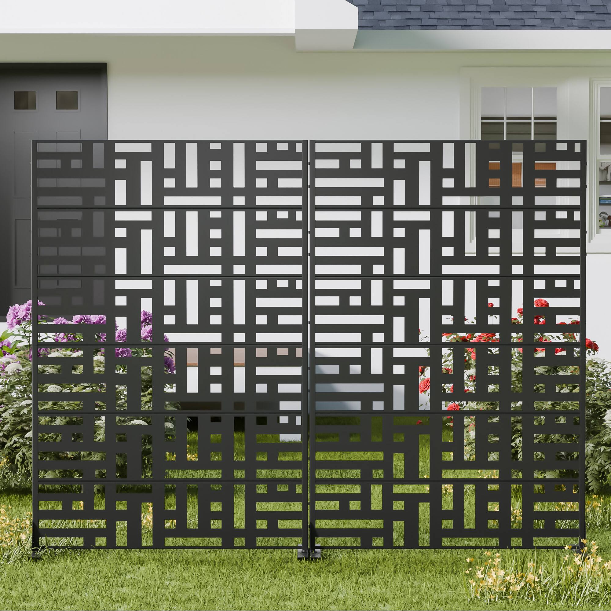 Alt View 2. PexFix - 72 in. x 47 in. Helen Pattern Metal Outdoor Privacy Screen & Panels, Freestanding Garden Divider Fence, Set of 2 - Black.