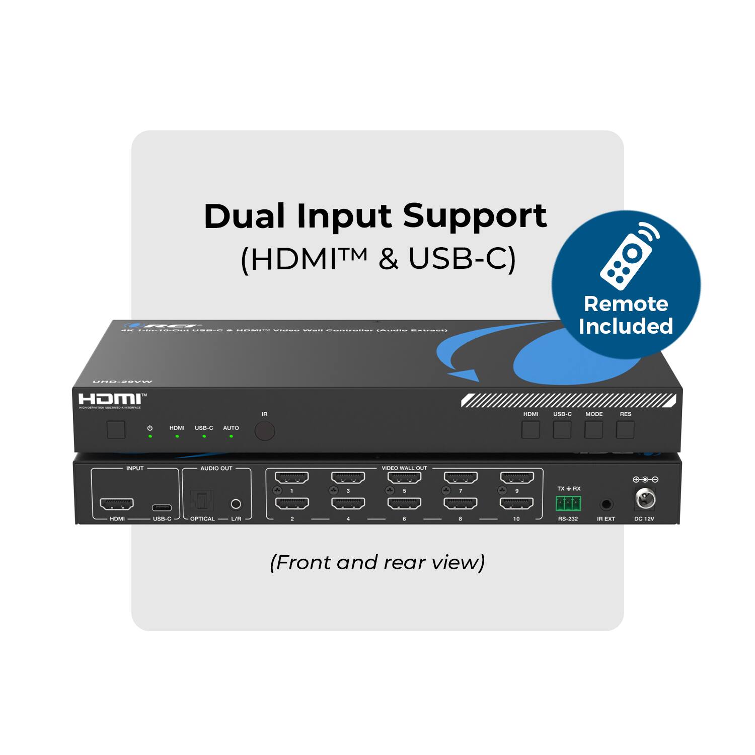Dual Input Support (HDMI™ & USB-C)  
Remote Included  

(Front and rear view)
