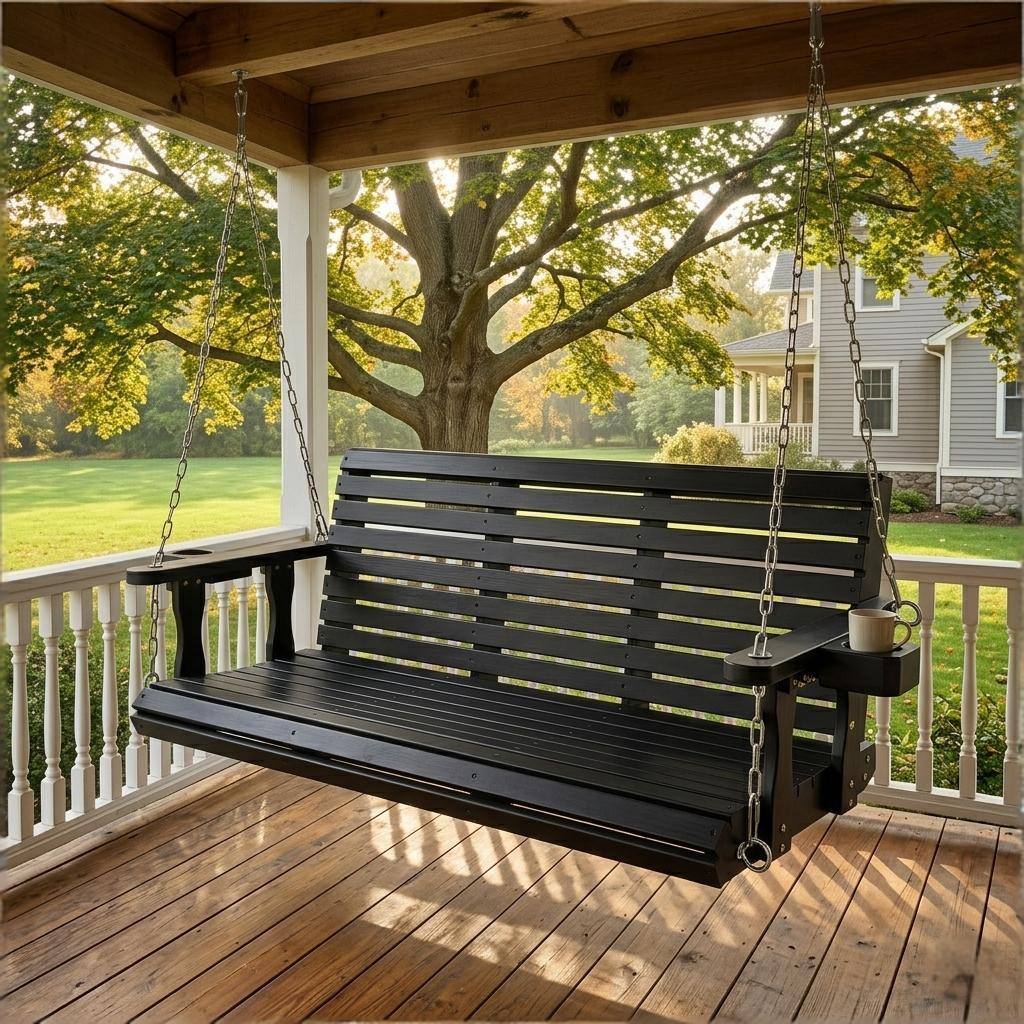 Angle. Fortune Candy - Wooden 5FT Porch Swing w/Cupholders , High Back & Deep Seat, Heavy Duty 880lbs for Garden, 3-Seater - Black.