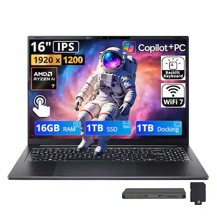 16" IPS 1920 x 1200 Copilot+PC + PC A AMD2 RYZEN AI Backlit Keyboard 7 WiFi 7 16GB RAM 1TB SSD 1TB Docking
