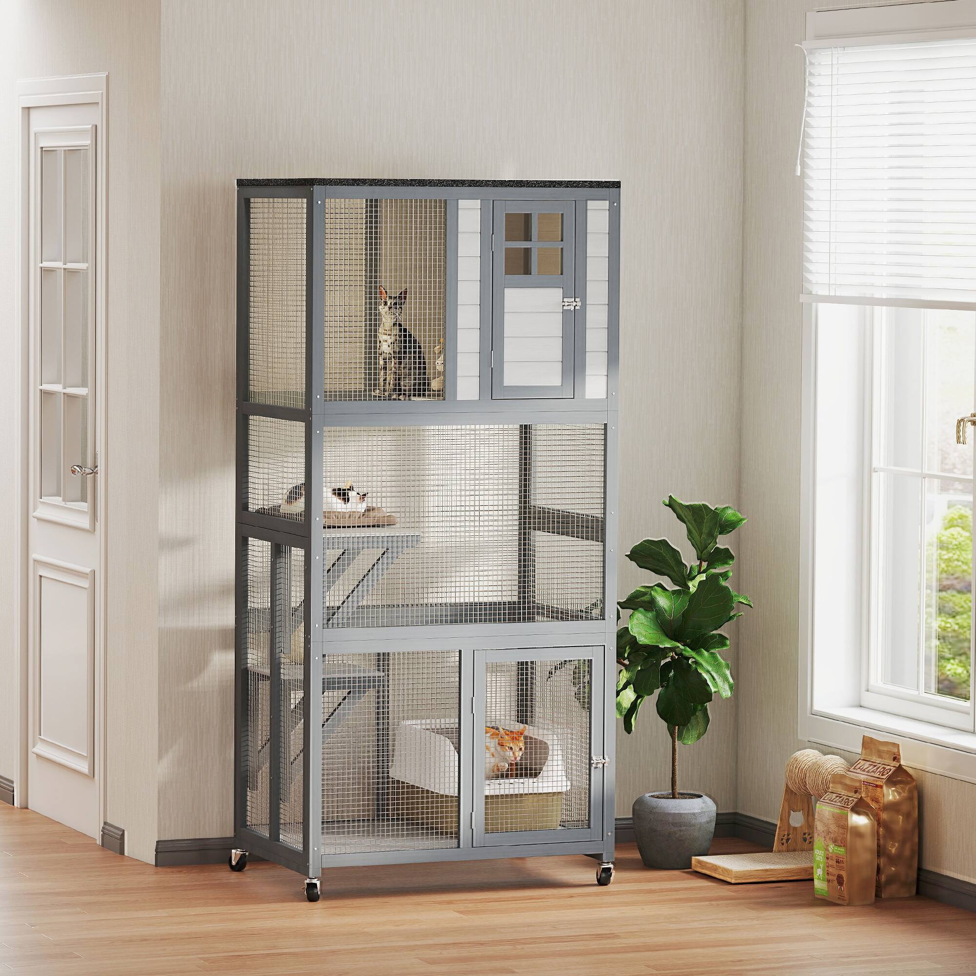 Angle. Pawhut - 74" Wooden Catio Outdoor House, Weatherproof & Wheeled, Enclosure High Capacity, Kitten Cage Condo.