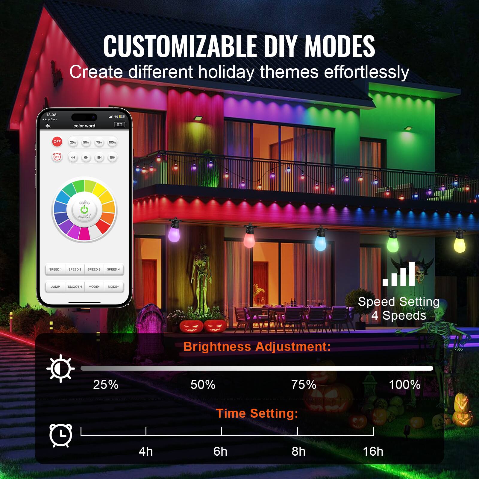 CUSTOMIZABLE DIY MODES  
Create different holiday themes effortlessly  

Brightness Adjustment:  
25% 50% 75% 100%  

Time Setting:  
4h 6h 8h 16h  

Speed Setting:  
4 Speeds