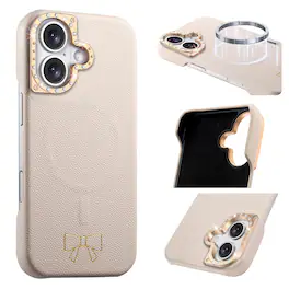 Dteck - Luxury PU Leather Texture Magnetic Case for Apple iPhone 17 with Diamond Lens Border, Shockproof Hard PC Phone Cover - Khaki