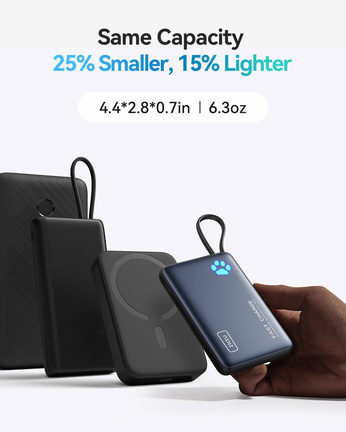Same Capacity  
25% Smaller, 15% Lighter  
4.4*2.8*0.7in | 6.3oz