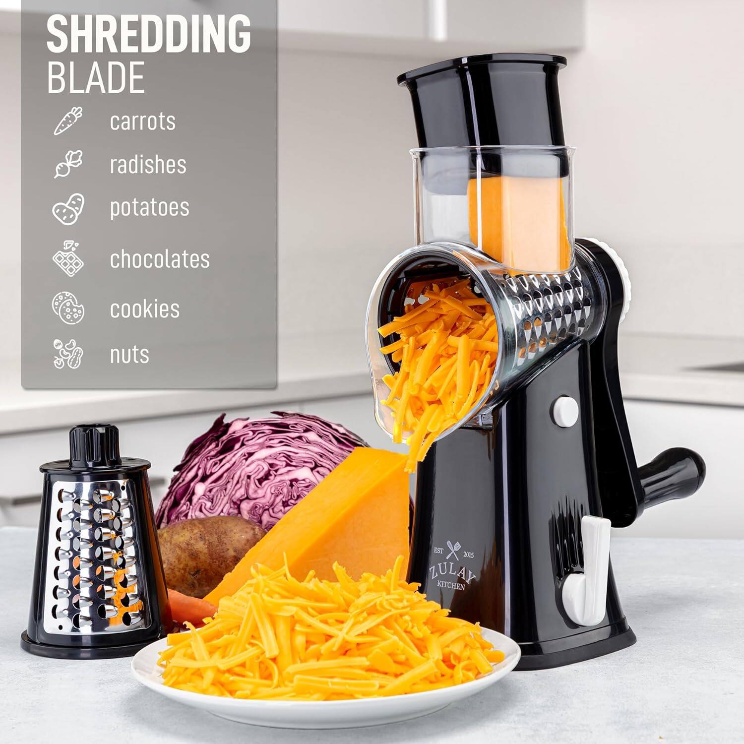 SHREDDING BLADE

- carrots
- radishes
- potatoes
- chocolates
- cookies
- nuts

EST. 2015 ZULAY KITCHEN