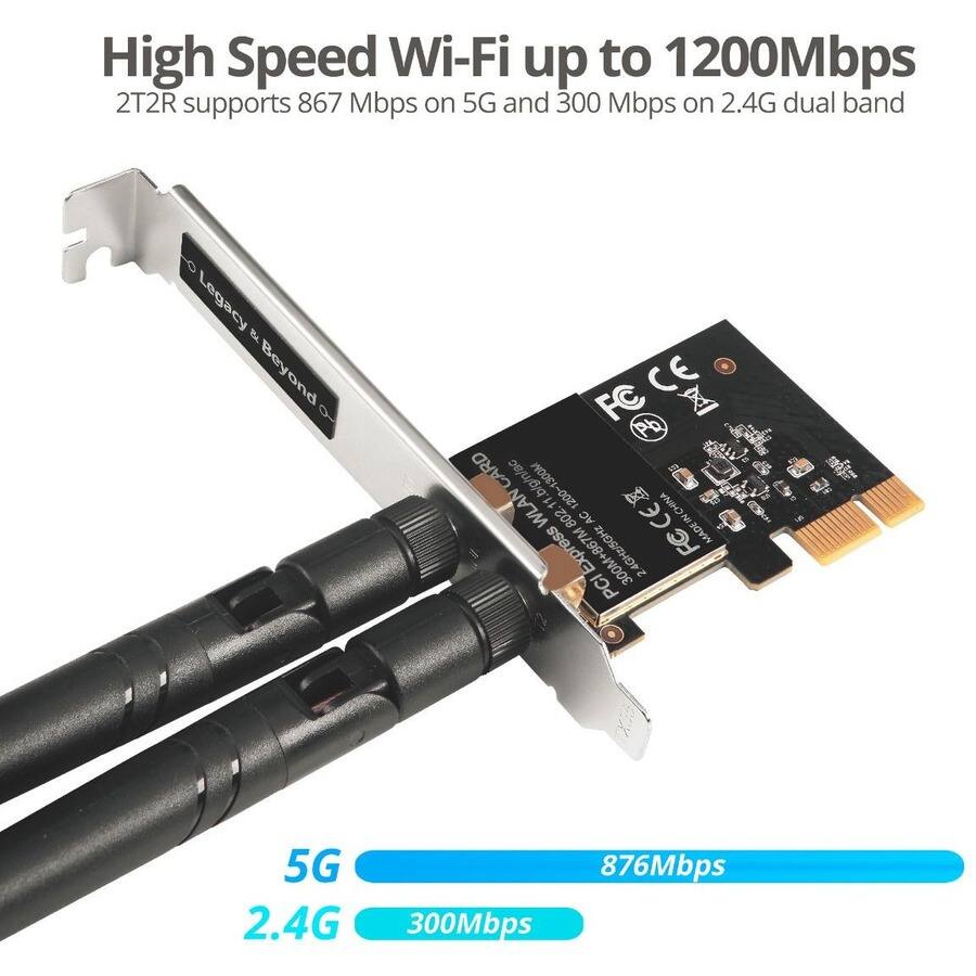 High Speed Wi-Fi up to 1200Mbps  
2T2R supports 867 Mbps on 5G and 300 Mbps on 2.4G dual band  

5G  
876Mbps  

2.4G  
300Mbps  

Legacy & Beyond  

CE  
FC  
WLAN 11 b/g/n/ac  

WOC1-00zs  
WODE  

CHINA  

802.11 AC  

WVDEM Express  

PCI