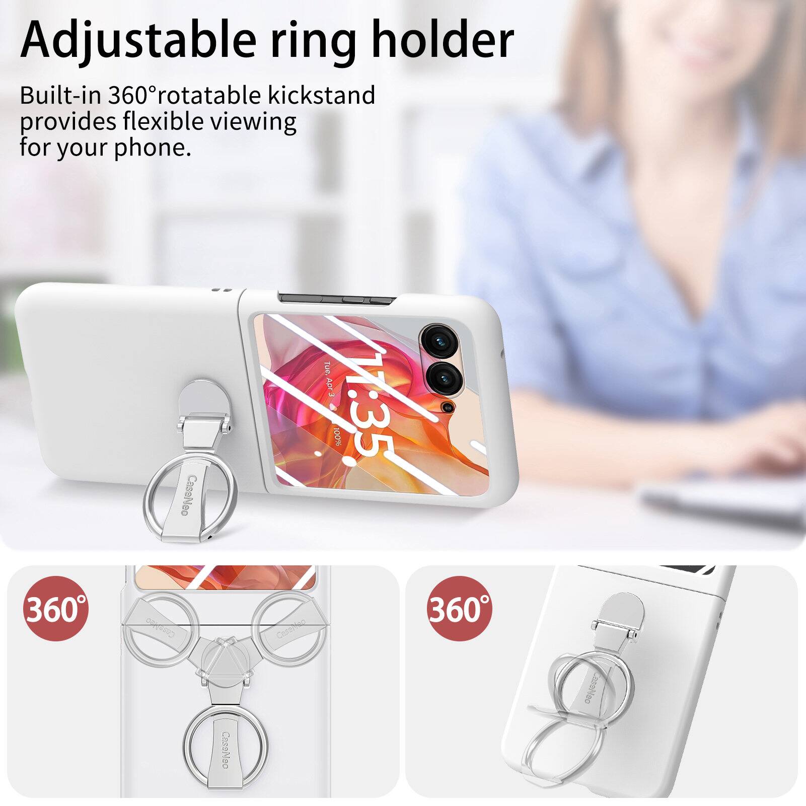 Adjustable ring holder

Built-in 360° rotatable kickstand provides flexible viewing for your phone.