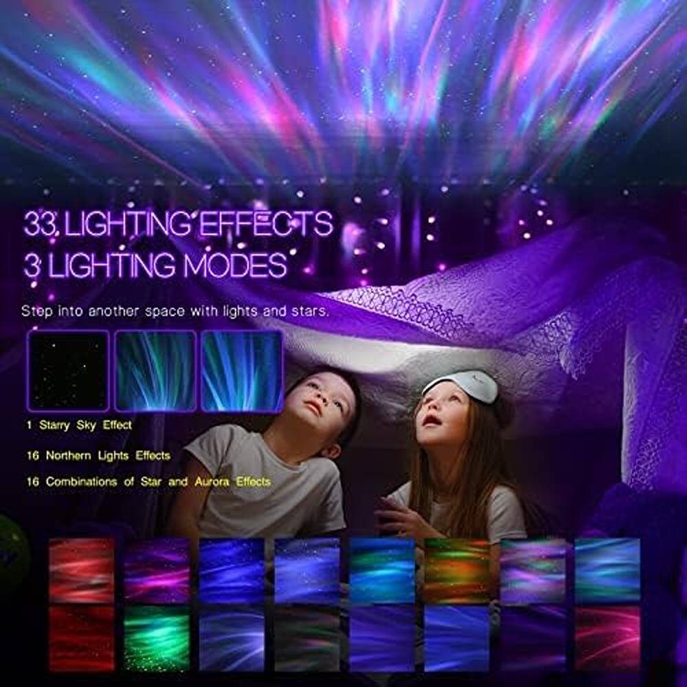 33 LIGHTING EFFECTS  
3 LIGHTING MODES  

Step into another space with lights and stars.  

1 Starry Sky Effect  
16 Northern Lights Effects  
16 Combinations of Star and Aurora Effects