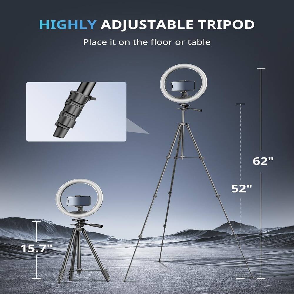 HIGHLY ADJUSTABLE TRIPOD  
Place it on the floor or table  

62"  
52"  
15.7"