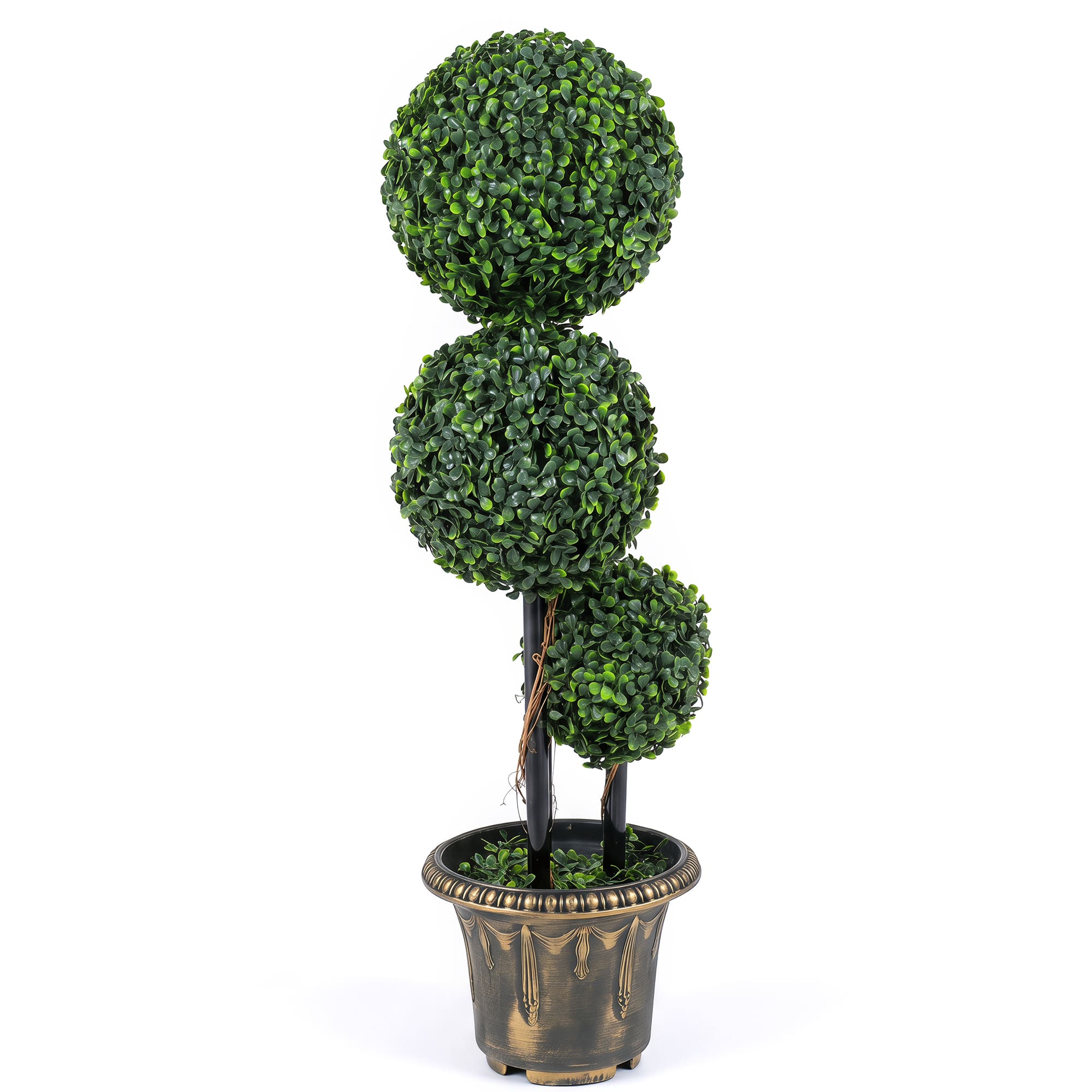 Costway - 1 PCS 3 FT Artificial Boxwood Topiary Tree, Sun-Protective Triple Ball Shrubs,Indoor - Green, Black, Golden