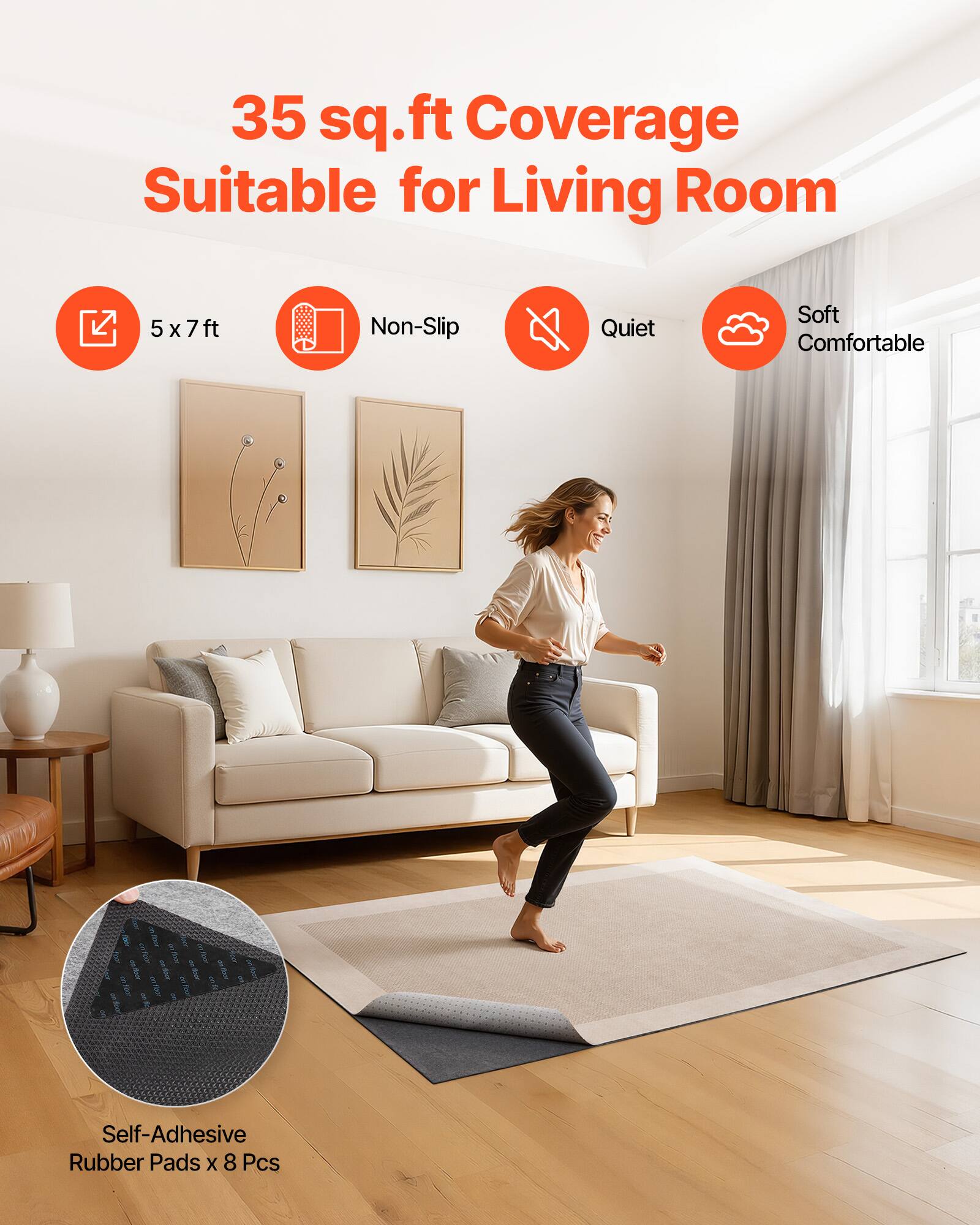 35 sq.ft Coverage Suitable for Living Room  
5x7ft Non-Slip Quiet Soft Comfortable Self-Adhesive Rubber Pads x 8 Pcs