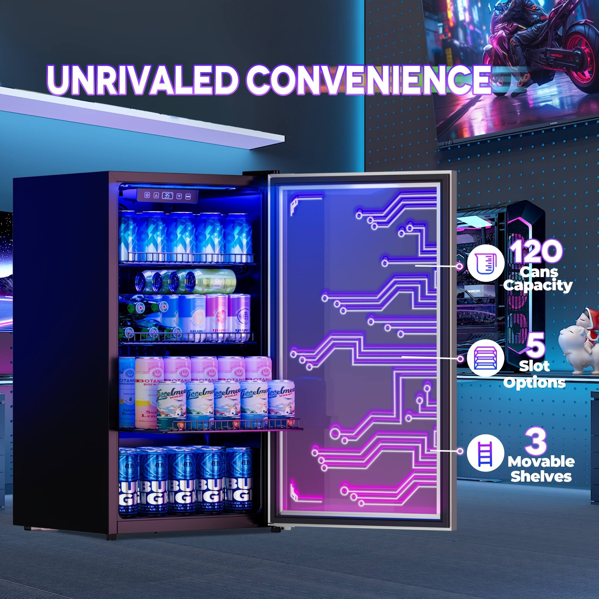 UNRIVALED CONVENIENCE

120 Cans Capacity

5 Slot Options

3 Movable Shelves