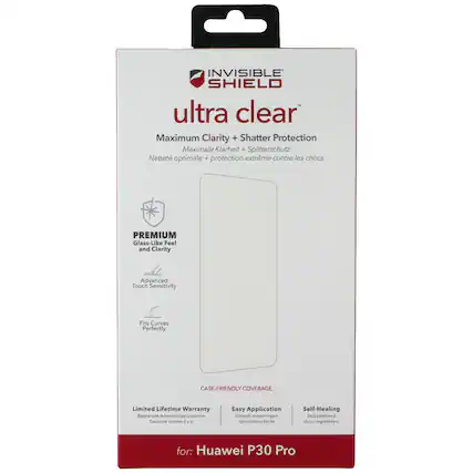 INVISIBLE SHIELD ultra clear Maximum Clarity + Shatter Protection Maximale Klarheit + Splitterschutz Nettet optimale + protection extrême contre les chocs PREMIUM Glass-Like Feel and Clarity Advanced Touch Sensitivity Fits Curves Perfectly CASE-FRIENDLY COVERAGE Limited Lifetime Warranty Begrenzte lebenslange Garantie Carandie imite a are Easy Application Einfach anzubringen Application facile Self-Healing Selbstheilend Auto-régénérant for: Huawei P30 Pro