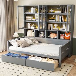 Tiramisubest - Twin Size Wooden Daybed with Glass-Door Storage Cabinets, Built-in LED Lighting and Shelves, Gray - Gray