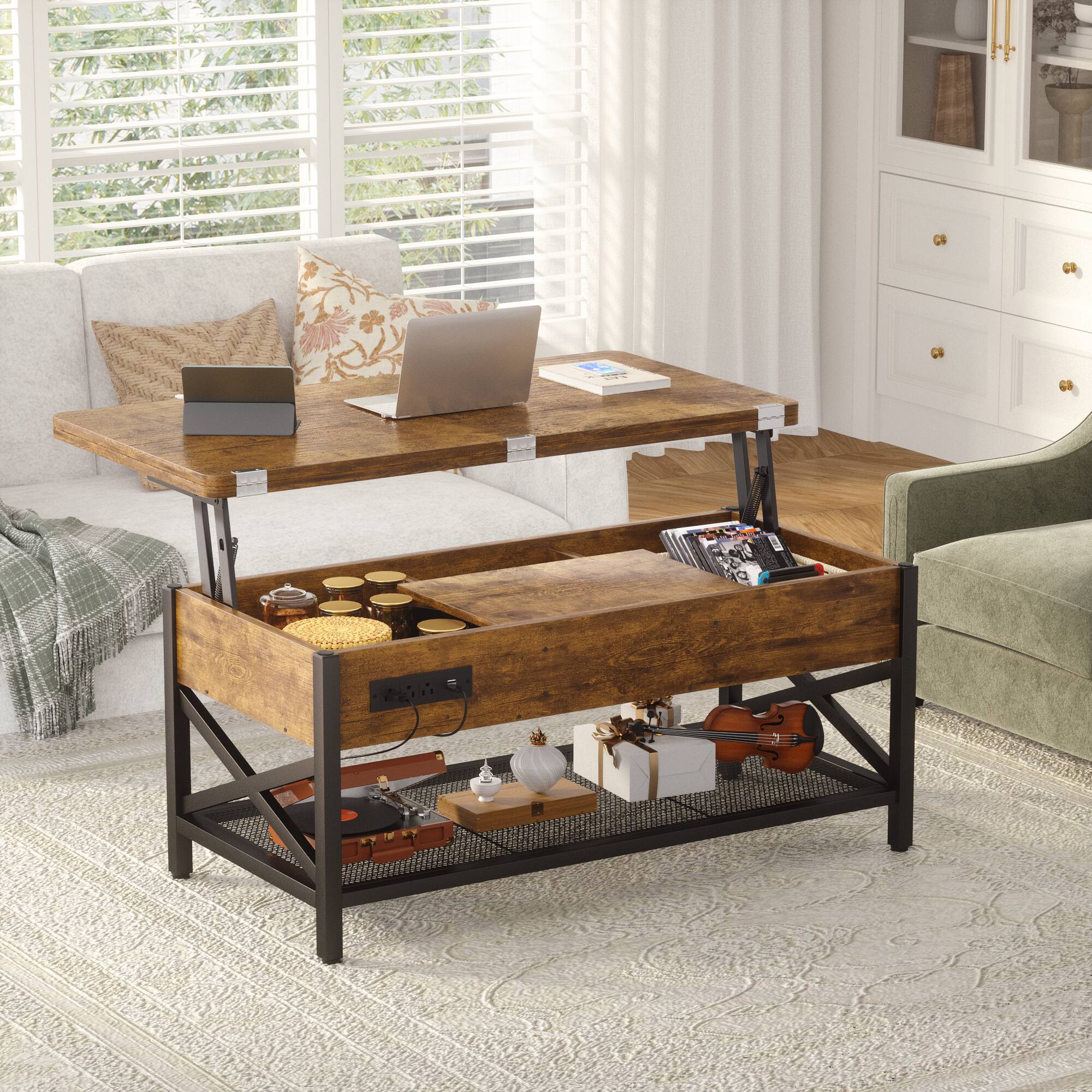 Left. Aheaplus - Convertible Lift Top Coffee Table: LED Lights & Power Outlet, Multi-Function Center Table for Living Room - Rustic Brown.