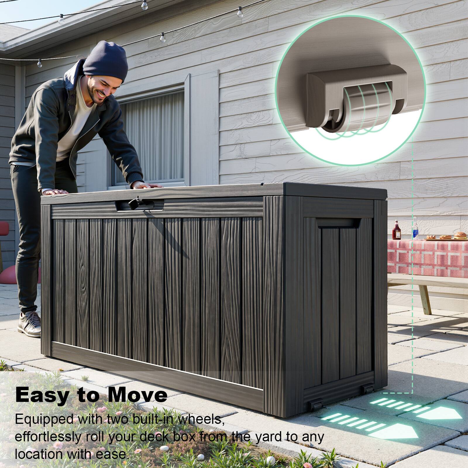 Easy to Move  
Equipped with two built-in wheels, effortlessly roll your deck box from the yard to any location with ease.