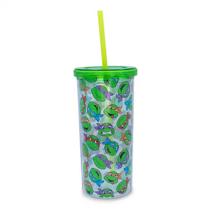 Front. Silver Buffalo - Teenage Mutant Ninja Turtles Allover Faces Carnival Cup With Lid and Straw - Green.