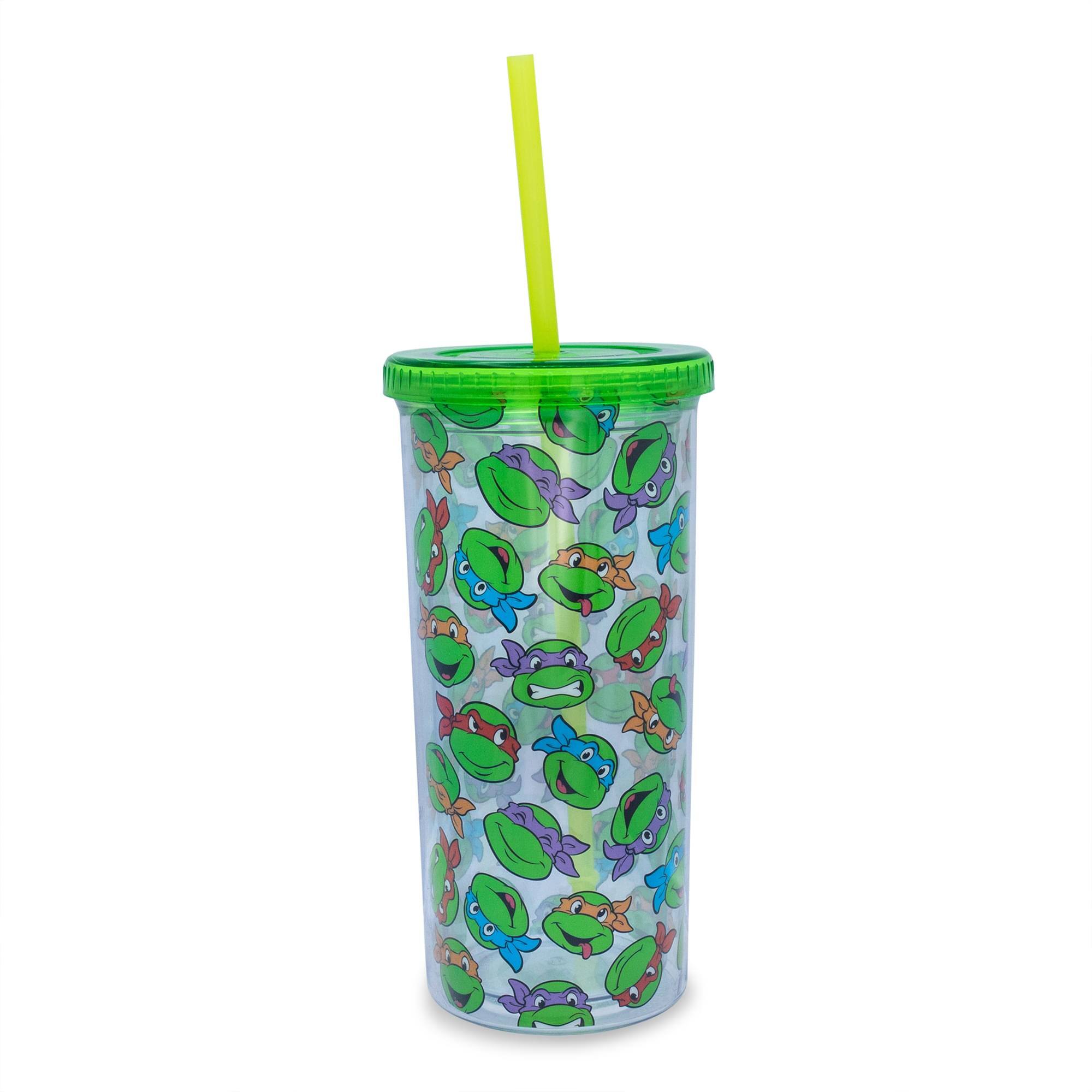 Front. Silver Buffalo - Teenage Mutant Ninja Turtles Allover Faces Carnival Cup With Lid and Straw - Green.