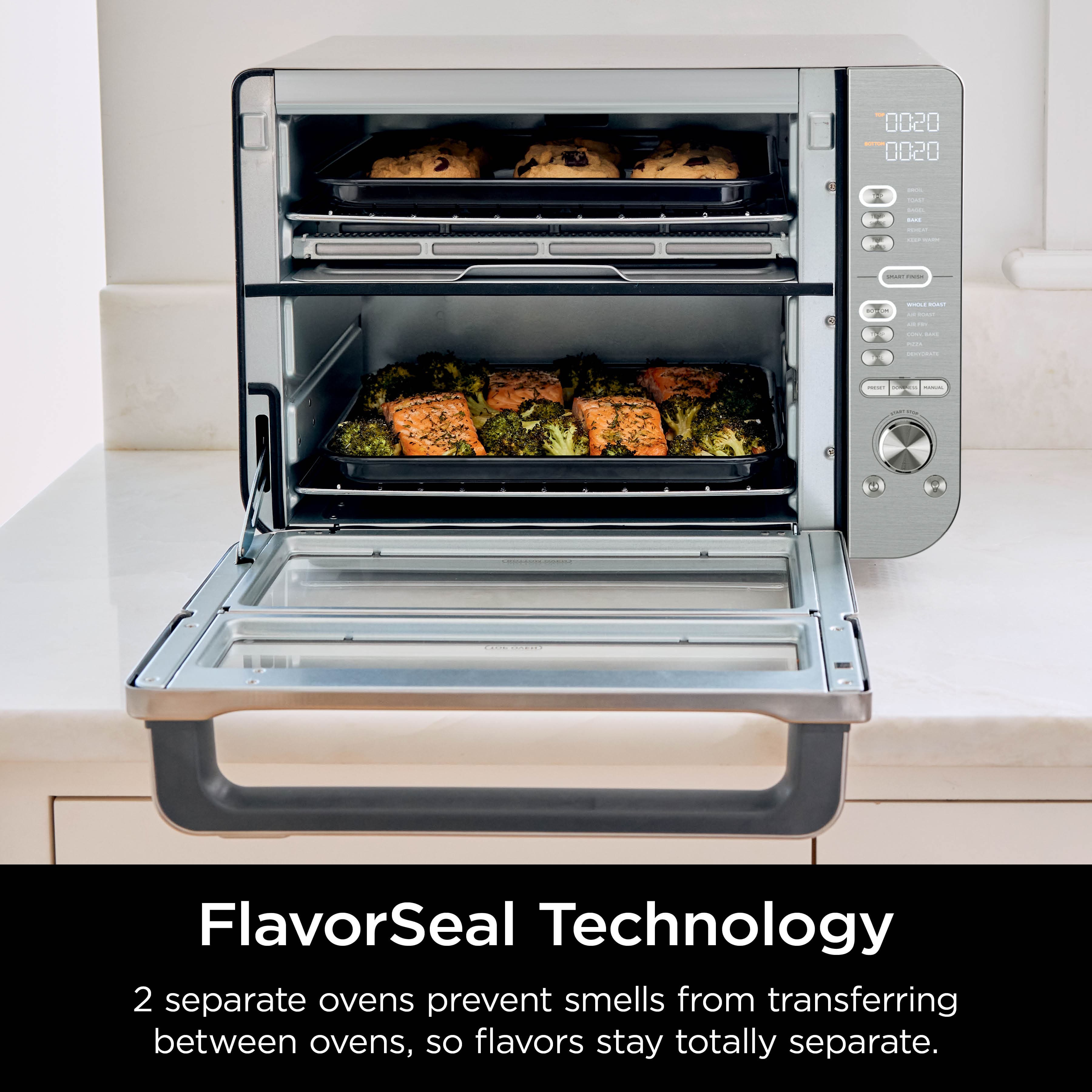 FlavorSeal Technology: 2 separate ovens prevent smells from transferring between ovens, so flavors stay totally separate.