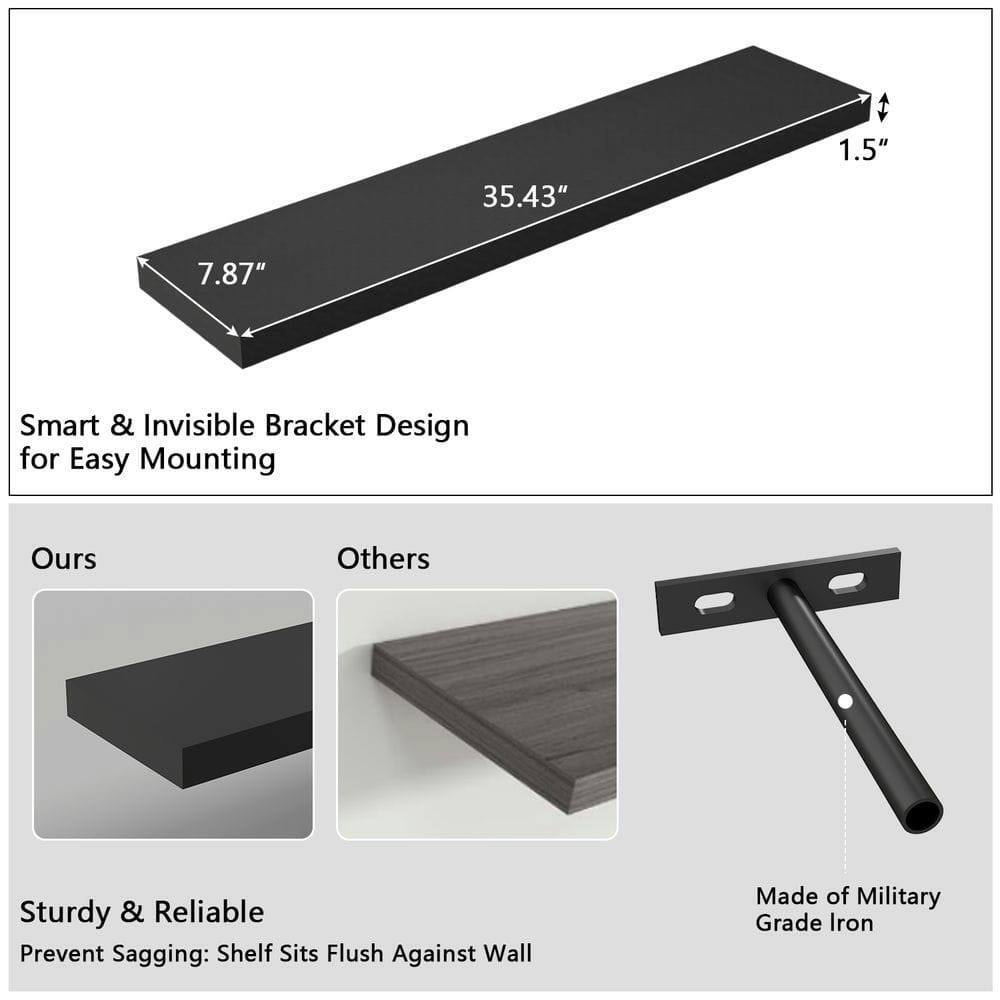 35.43" 1.5" 7.87" Smart & Invisible Bracket Design for Easy Mounting  
Ours Others  
Sturdy & Reliable  
Prevent Sagging: Shelf Sits Flush Against Wall  
Made of Military Grade Iron