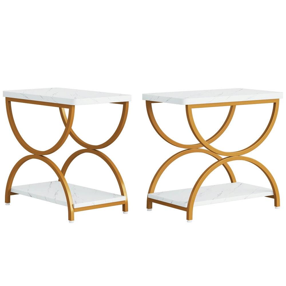 Alt View 2. Kadyn - Kadyn Sofa Side End Table, 2-Tier Couch Table with Stylish Metal Frame,Faux Marble White & Gold - White.