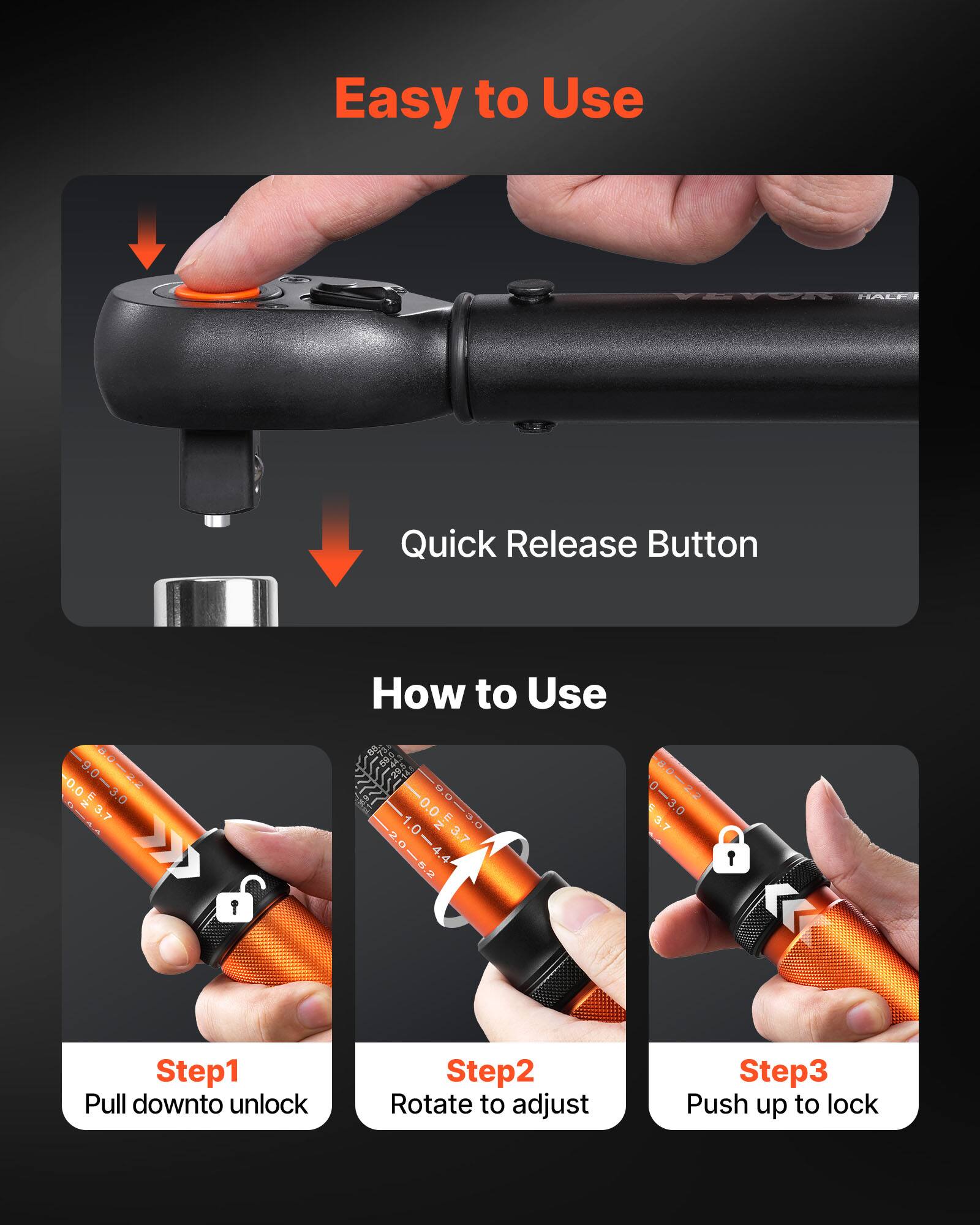 Easy to Use Quick Release Button

How to Use

Step 1: Pull down to unlock
Step 2: Rotate to adjust
Step 3: Push up to lock