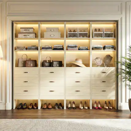 Front. Aheaplus - 4-Pack 96" Closet Bundle: 3 Rods & Drawers per Unit, Space-Saving 5-8FT Adjustable Organizer - White Oak.