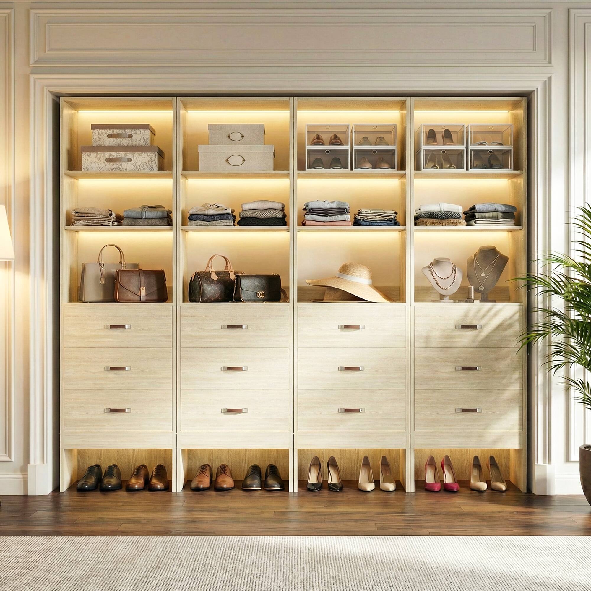 Front. Aheaplus - 4-Pack 96" Closet Bundle: 3 Rods & Drawers per Unit, Space-Saving 5-8FT Adjustable Organizer - White Oak.