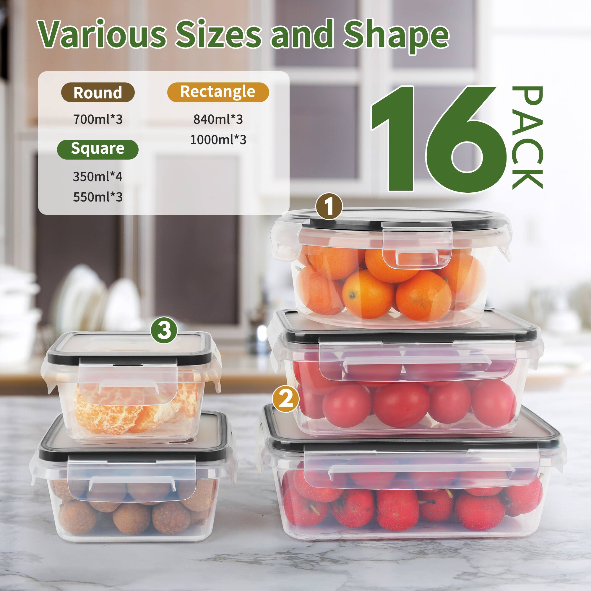 Various Sizes and Shape

Round  
700ml*3

Rectangle  
840ml*3  
1000ml*3

Square  
350ml*4  
550ml*3

16 PACK