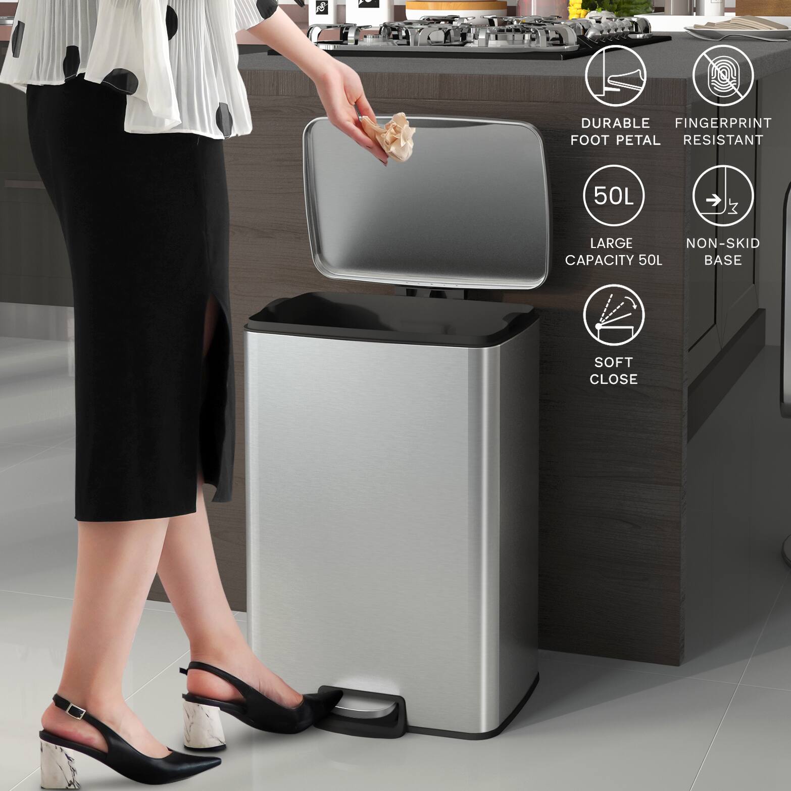 DURABLE, FINGERPRINT RESISTANT, FOOT PETAL, 50L, LARGE CAPACITY, NON-SKID BASE, SOFT CLOSE