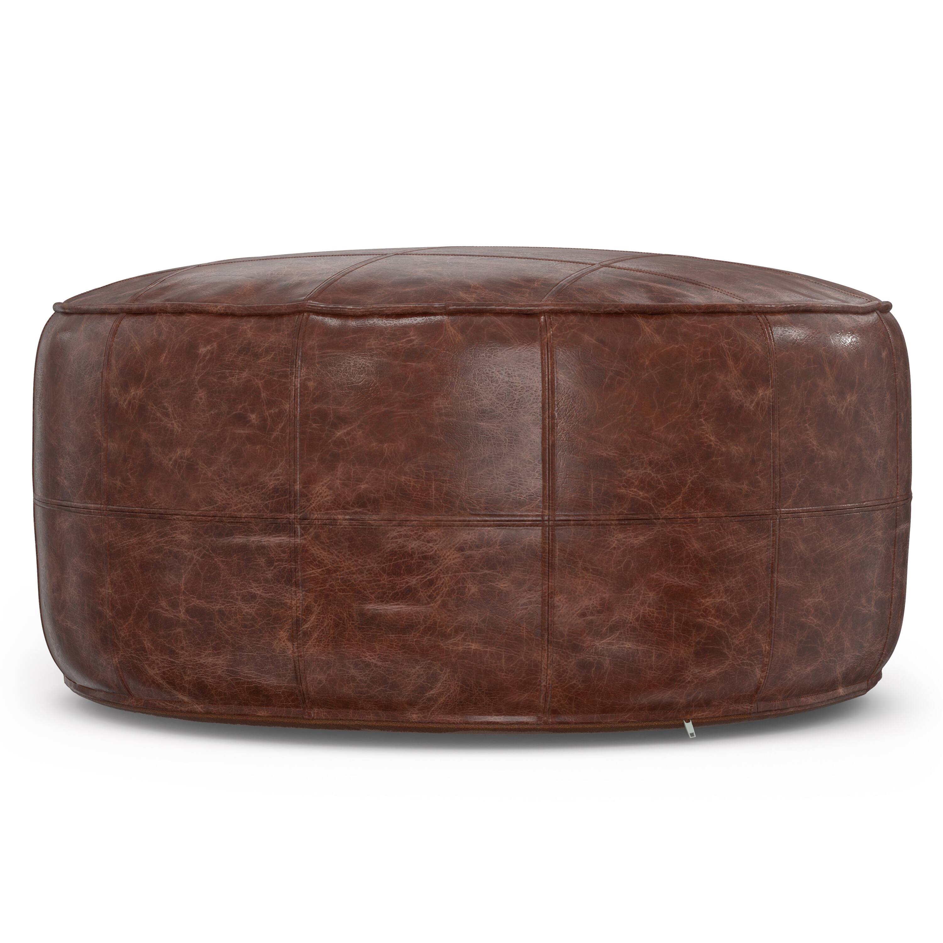 Left. Simpli Home - Simpli Home Connor 34 inch Wide Round Coffee Table Pouf in Distressed Brown Genuine Leather - Distressed Brown.