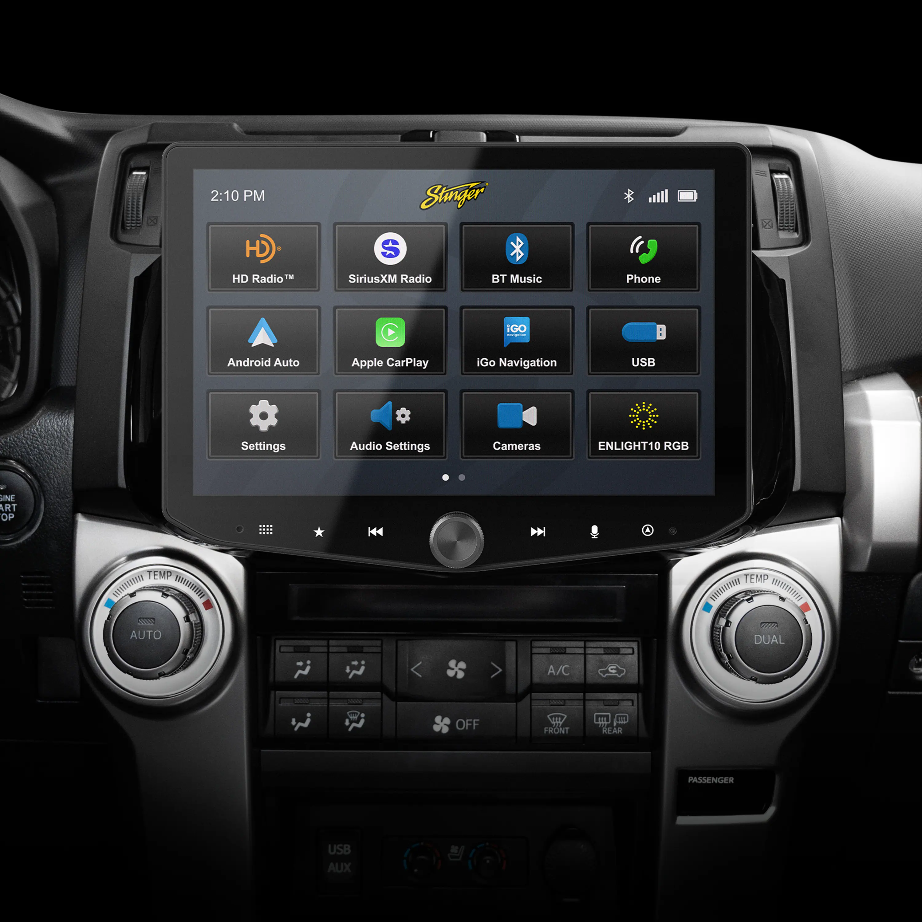 The text on the image reads:
2:10 PM
Stinger H
HID Radio
M
SiriusXM Radio
BT Music
Phone
IGO Navigation
Android Auto
Apple CarPlay
IGO Navigation
USB Settings
Audio Settings
Cameras
ENLIGHT10 RGB - UNE ART OP H44
TEMP MwI.IN woumy - AUTO TEMP w wIIN DUAL A/C a OFF FRONT - REAR PASSENGER
USB AUX