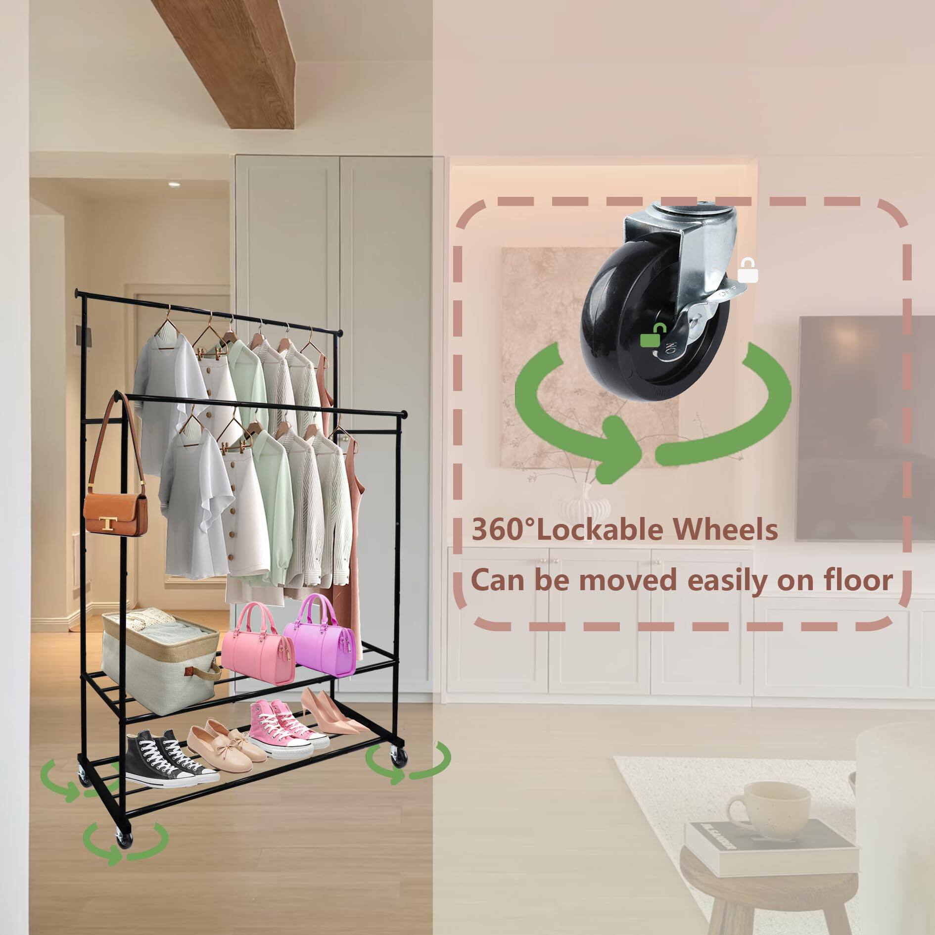 360° Lockable Wheels  
Can be moved easily on floor