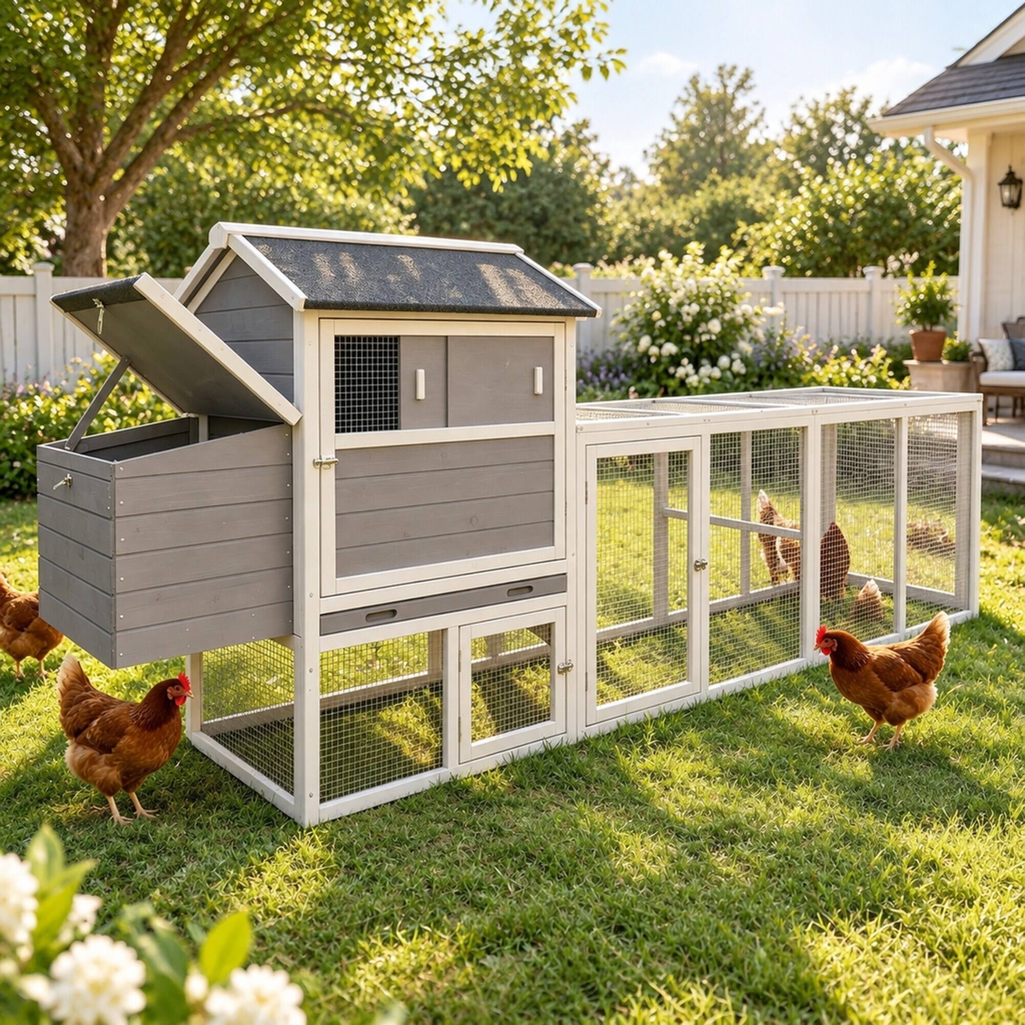 Alt View 2. RYHNUYNE - Gray Wooden Chicken Coop, Large Outdoor Hen House, Waterproof Anti-UV Roof, Sliding Door, Nesting Box.