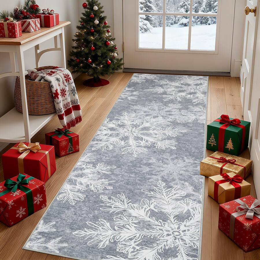 Jojoka 2x8 ft Grey Christmas Area Rug, Snowflake Print, Washable, Non ...